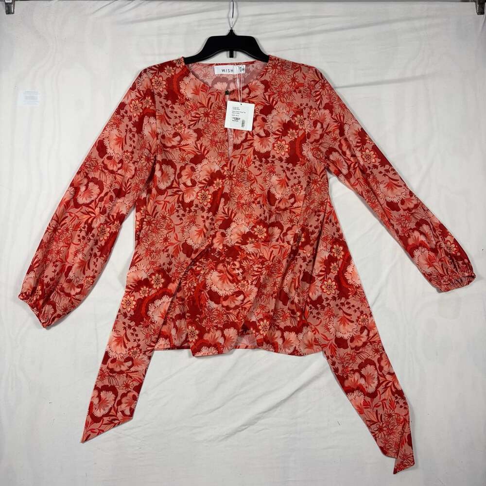 Wish Retro Floral Wrap Top Size 12 M Red Long Sleeve Blouse